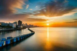 a Sol conjuntos sobre a água e edifícios dentro a fundo. gerado por IA foto