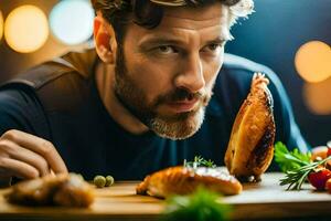 uma homem é olhando às uma prato do Comida. gerado por IA foto