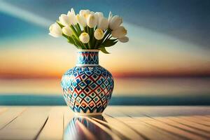 uma vaso com branco tulipas em uma mesa dentro frente do a oceano. gerado por IA foto