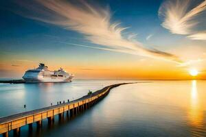 uma cruzeiro navio dentro a oceano às pôr do sol. gerado por IA foto