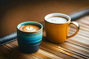 dois café copos com café com leite arte em a mesa. gerado por IA foto
