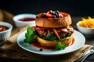 uma Hamburger com legumes e molho em isto. gerado por IA foto