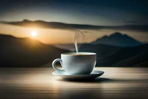 uma copo do café em uma mesa dentro a montanhas. gerado por IA foto