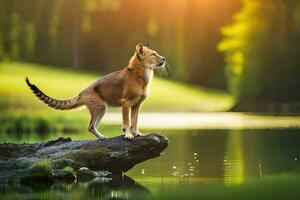 uma cachorro em pé em uma registro dentro frente do uma lago. gerado por IA foto