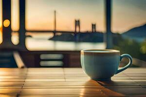 café copo em a mesa com uma Visão do a pôr do sol. gerado por IA foto