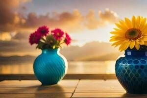 dois vasos com flores em uma de madeira mesa com uma pôr do sol dentro a fundo. gerado por IA foto