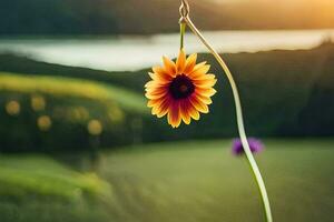 uma flor suspensão a partir de uma fio dentro frente do uma campo. gerado por IA foto