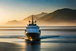 uma barco viajando através a água às pôr do sol. gerado por IA foto