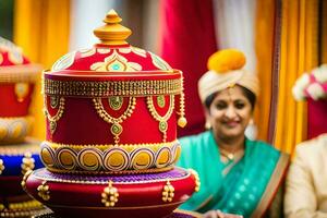 uma homem e mulher dentro tradicional indiano vestuário estão em pé Próximo para uma ampla bolo. gerado por IA foto