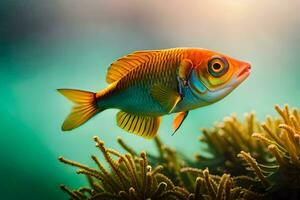 uma peixe natação dentro a oceano com verde plantas. gerado por IA foto