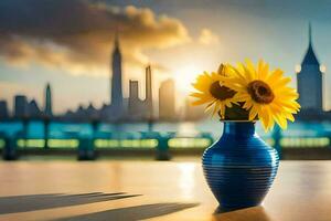 girassóis dentro uma azul vaso em uma mesa com uma cidade Horizonte dentro a fundo. gerado por IA foto