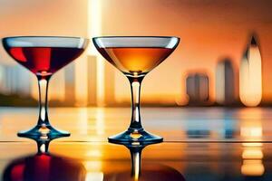 dois óculos do vinho em uma mesa com cidade luzes dentro a fundo. gerado por IA foto