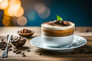 café e cappuccino em uma de madeira mesa. gerado por IA foto