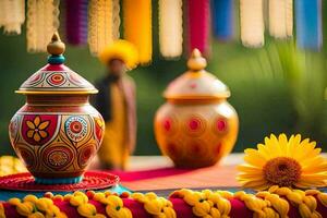 dois colorida vasos em uma mesa com flores gerado por IA foto