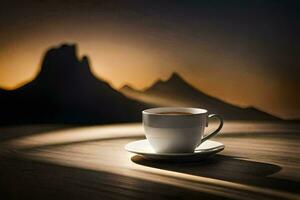uma copo do café em uma mesa dentro frente do uma montanha. gerado por IA foto