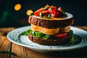 uma sanduíche com tomates e queijo em uma placa. gerado por IA foto