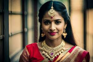 uma lindo indiano mulher vestindo uma vermelho sari e joia. gerado por IA foto