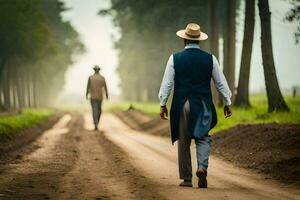 dois homens dentro ternos caminhando baixa uma sujeira estrada. gerado por IA foto