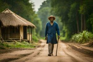 uma homem caminhando baixa uma sujeira estrada com uma bengala. gerado por IA foto