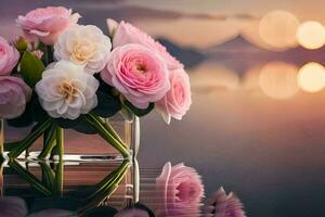 Rosa flores dentro uma vaso em uma mesa com uma pôr do sol dentro a fundo. gerado por IA foto