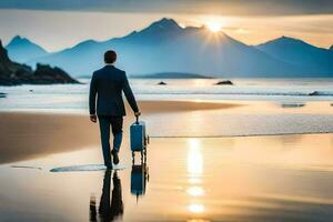 uma homem dentro uma terno caminhando em a de praia às pôr do sol. gerado por IA foto