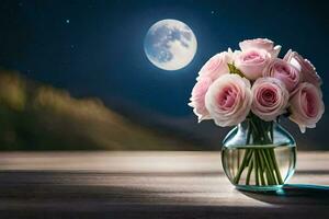 Rosa rosas dentro uma vaso em uma mesa com uma cheio lua. gerado por IA foto