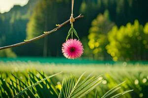 uma Rosa flor suspensão a partir de uma ramo dentro uma campo. gerado por IA foto