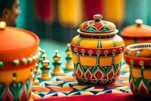 uma mesa com colorida vasos e uma homem em pé dentro frente do eles. gerado por IA foto