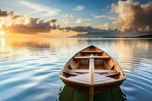 uma barco em a água às pôr do sol. gerado por IA foto