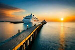 uma cruzeiro navio ancorado às a cais às pôr do sol. gerado por IA foto