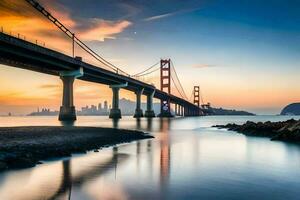 a dourado portão ponte às pôr do sol. gerado por IA foto