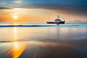 uma pescaria barco em a de praia às pôr do sol. gerado por IA foto