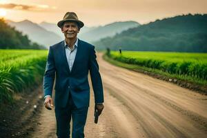 uma homem dentro uma terno e chapéu caminhando baixa uma sujeira estrada. gerado por IA foto