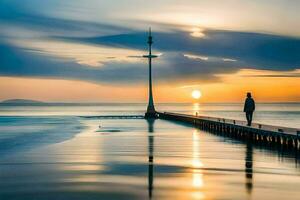 uma homem em pé em uma cais às pôr do sol. gerado por IA foto