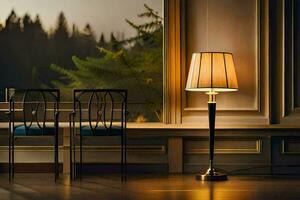 dois cadeiras e uma luminária dentro frente do uma janela. gerado por IA foto