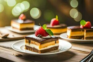 três peças do chocolate bolo em branco pratos. gerado por IA foto