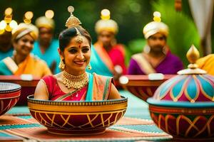 uma mulher dentro tradicional indiano vestuário é sorridente enquanto segurando uma tigela. gerado por IA foto