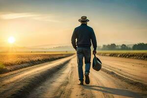 uma homem caminhando baixa uma sujeira estrada com uma chapéu e uma bolsa. gerado por IA foto