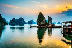 a pôr do sol sobre Halong baía. gerado por IA foto