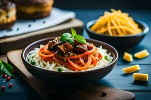 uma tigela do espaguete com carne e legumes. gerado por IA foto