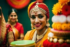 uma noiva dentro tradicional indiano vestuário sorrisos para a Câmera. gerado por IA foto