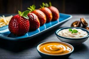 morangos e queijo em uma prato com mergulhos. gerado por IA foto