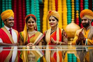 uma grupo do pessoas dentro tradicional indiano traje. gerado por IA foto