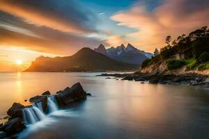 a Sol conjuntos sobre a oceano e montanhas dentro isto foto. gerado por IA foto