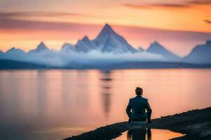 uma homem sentado dentro meditação dentro frente do uma lago às pôr do sol. gerado por IA foto