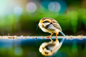 uma pequeno pássaro é em pé em a terra com Está reflexão dentro a água. gerado por IA foto