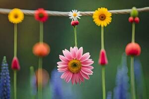colorida flores suspensão a partir de uma corda. gerado por IA foto