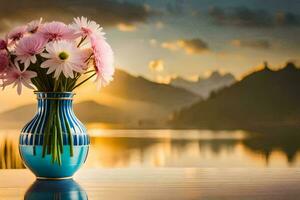 uma vaso com Rosa flores sentado em uma mesa dentro frente do uma lago. gerado por IA foto