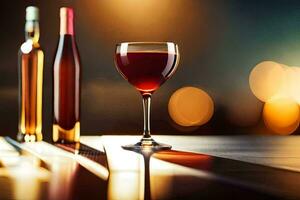 vinho vidro e garrafas em uma mesa. gerado por IA foto