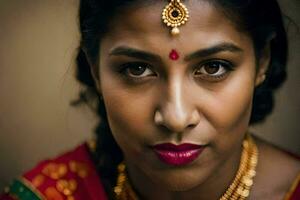 uma mulher dentro tradicional indiano traje. gerado por IA foto